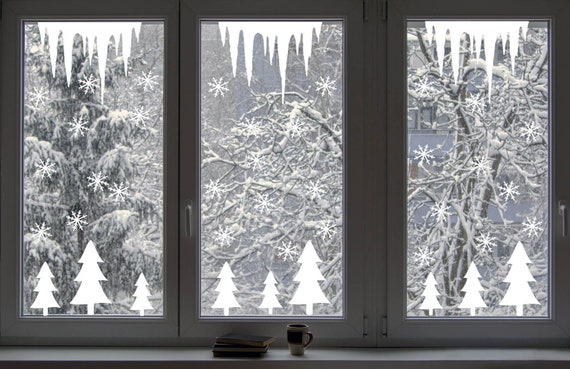 50 Winter Scene Stickers, Icicle Window Decal, Winter Vinyl Christmas Window Decal Snowflake Decal, Christmas Tree Stickers, Snowflake Decor