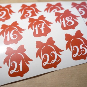 25 komst nummer stickers, uitnodiging kaart sticker, envelop zegel, Kerstmis Bell stickers, kalender Decals Holiday Party Decor Advent decal