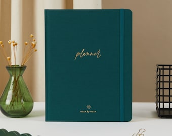 Undated Weekly Planner - Green (Cloth), luxury diary, organiser, gift for her, gilded edges, monthly, weekly + daily planner book (Juniper)