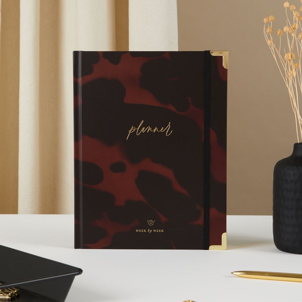 Undated Weekly Planner - Tortoise, luxury diary, organiser, gift for her, gilded edges, monthly, weekly + daily planner book