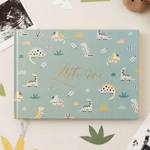 Luxury baby memory book (Little One - Dino with Gold Foil),  baby shower gift, new parents gift, grandparents, with gilded gold edges
