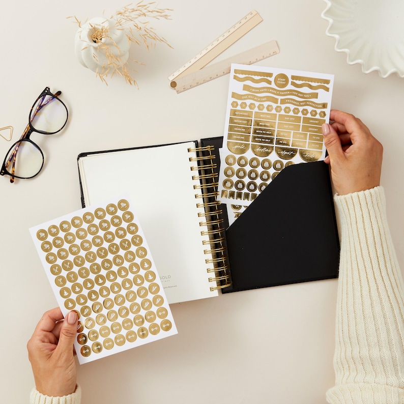 Luxury black 2026 daily planner vegan leather with gold details, organiser gift for him or her, stylish diary.