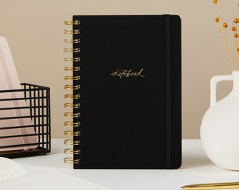 Cahier/journal de luxe - Noir (toile) avec spirale - pour prendre des notes, tenir un journal, cadeau pour elle, pour lui, travail à domicile, tranches dorées