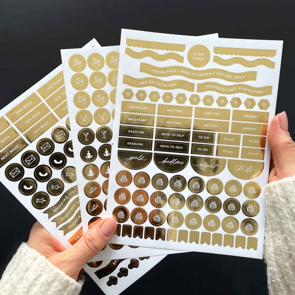 NEU - Foiled Planner Stickers (Packung mit 3 Bögen) - 236 luxuriöse goldfolierte Aufkleber zum Organisieren und Dekorieren deines Planers