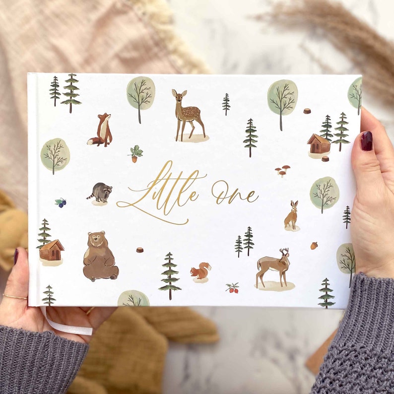 Luxury baby memory book (Little One - Woodland with Gold Foil), Luxury baby memory book (Little One - Woodland with Gold Foil),