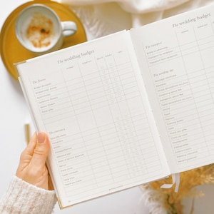 K&ouml;nnte beinhalten: Ein wei&szlig;er Hochzeitsplaner mit Abschnitten f&uuml;r Blumen, Schreibwaren, Transport und Hochzeitstag. Jeder Abschnitt hat Spalten f&uuml;r gesch&auml;tzte Kosten, tats&auml;chliche Kosten, Anzahlung, Restbetrag und Sonstiges.
