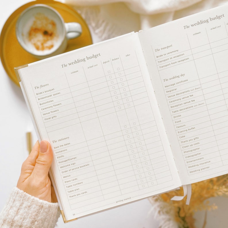 K&ouml;nnte beinhalten: Ein wei&szlig;er Hochzeitsplaner mit Abschnitten f&uuml;r Blumen, Schreibwaren, Transport und Hochzeitstag. Jeder Abschnitt hat Spalten f&uuml;r gesch&auml;tzte Kosten, tats&auml;chliche Kosten, Anzahlung, Restbetrag und Sonstiges.