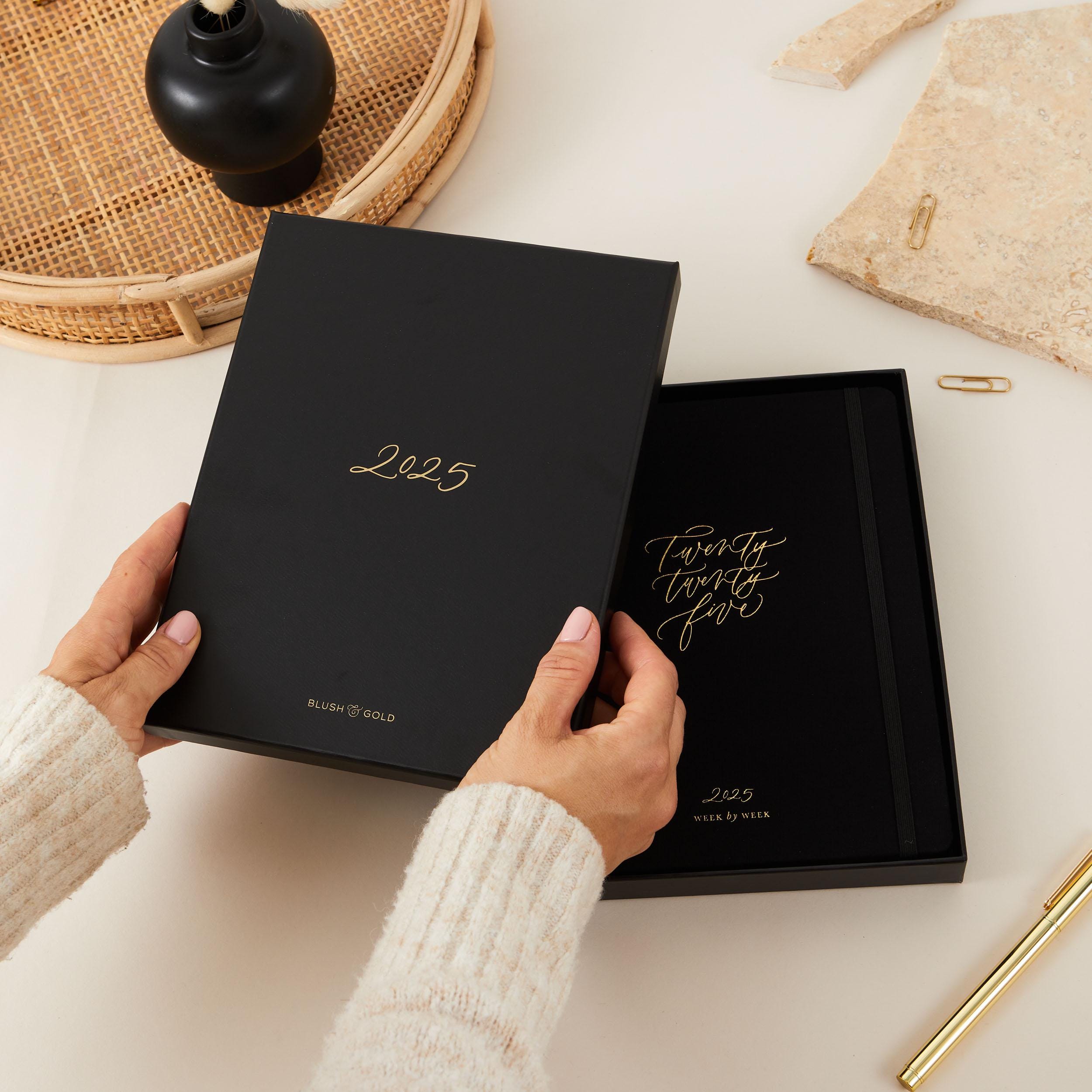 2025 Weekly Planner - Black (Cloth), luxury 2025 diary, organiser, gift for her, gilded edges, monthly, weekly planner book,