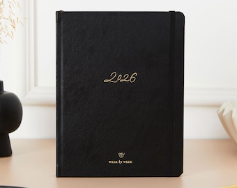 2026 Weekly Planner – Black Vegan Leather Hardback Diary with Gold Foil
