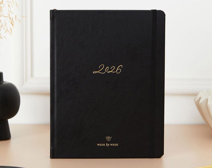 2026 Weekly Planner – Black Vegan Leather Hardback Diary with Gold Foil