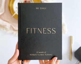 My Daily Fitness Planner -  Wellness Journal (Black Vegan Leather) - luxury gift for her, gym planner and meal planner