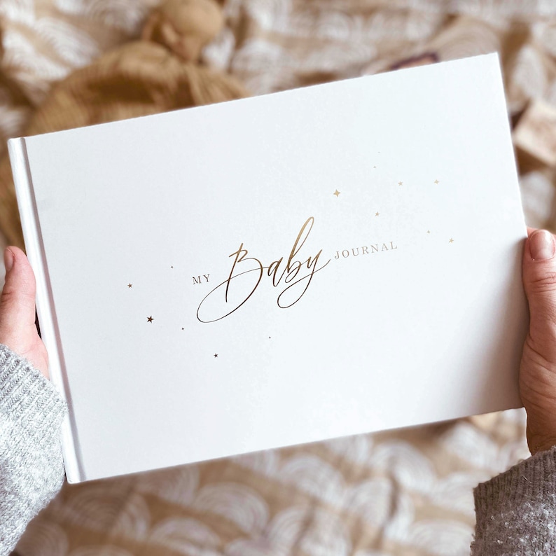 Luxury baby memory book (My baby journal - White with Gold Foil) gift for new parents, baby shower gift with gilded edges) 