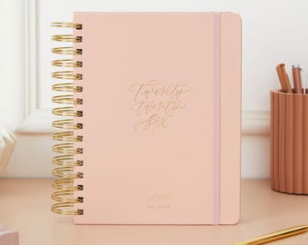 2026 Daily Planner Sunset Pink – Luxury PU Vegan Leather Diary with Gold Accents, Day-to-View Organiser, Gift for Her