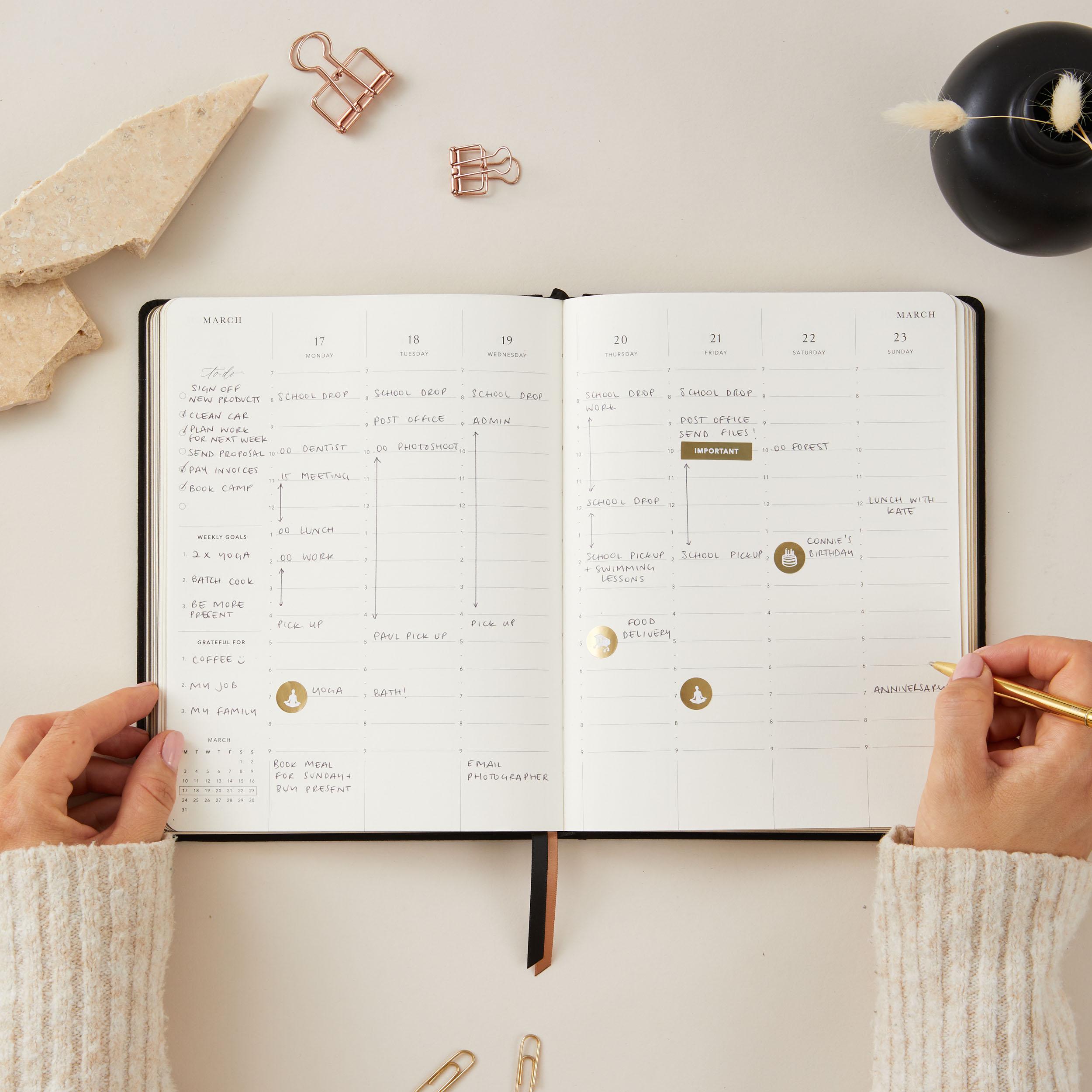 2025 Weekly Planner - Black (Cloth), luxury 2025 diary, organiser, gift for her, gilded edges, monthly, weekly planner book,