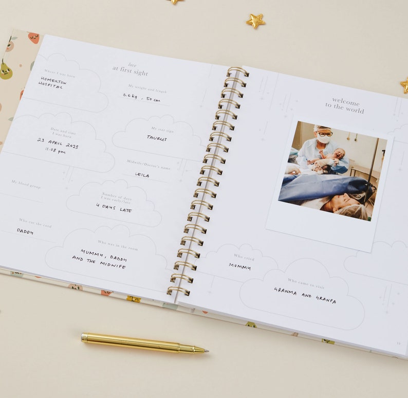 A beautifully crafted baby memory journal presented as an ideal keepsake gift for new mothers, capturing precious moments.