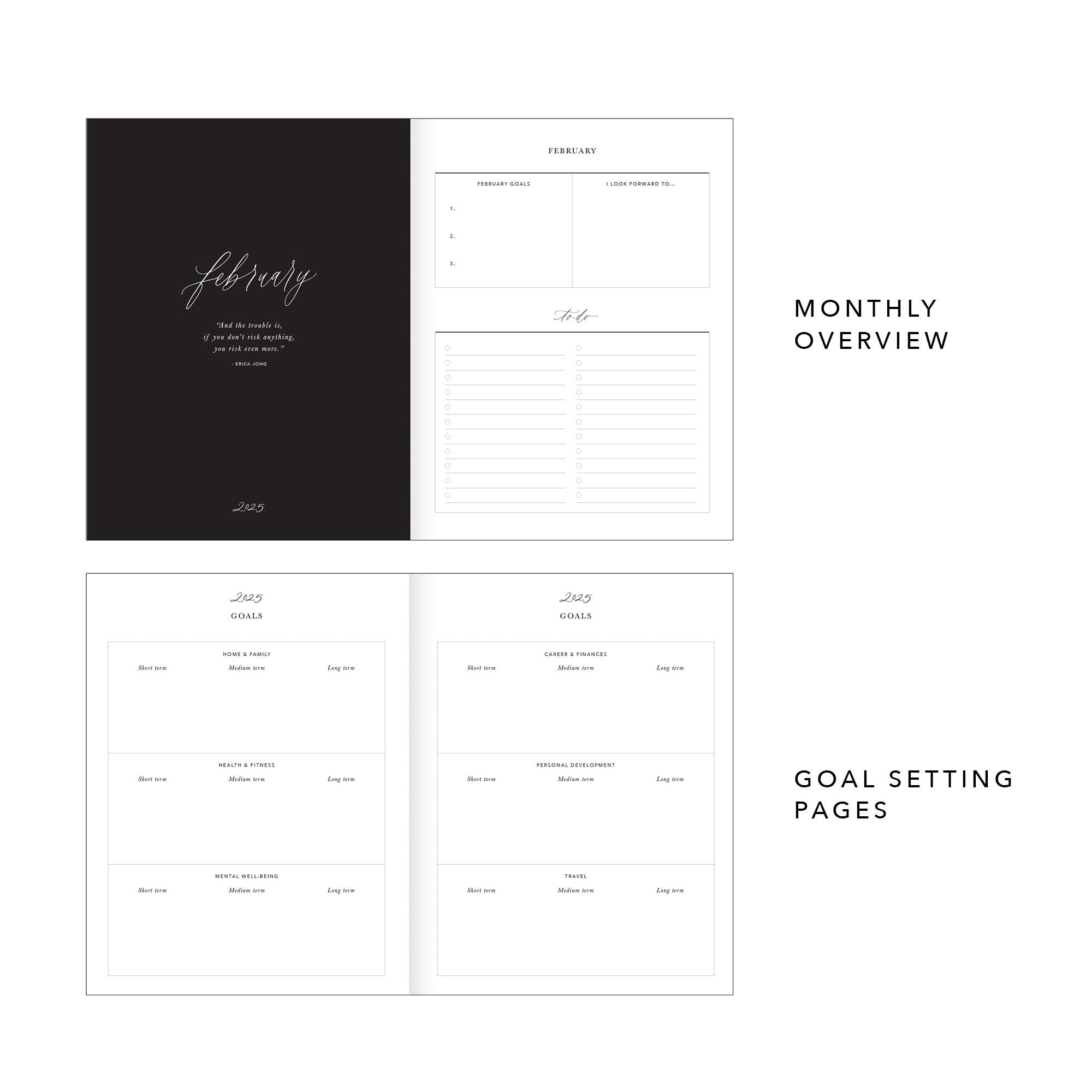 2025 Weekly Planner - Black (Cloth), luxury 2025 diary, organiser, gift for her, gilded edges, monthly, weekly planner book,