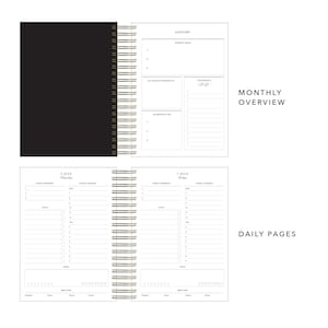 2026 black daily diary planner with monthly overview pages, time-blocking, and gold foiled gift box packaging.