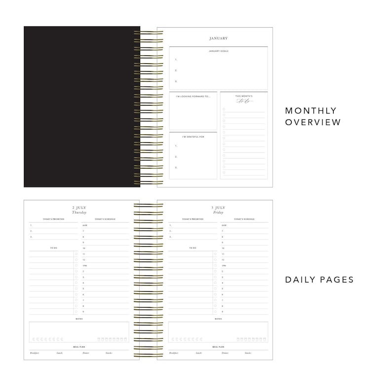 2026 black daily diary planner with monthly overview pages, time-blocking, and gold foiled gift box packaging.
