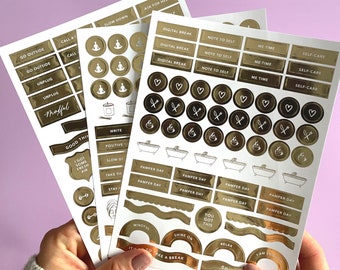 NEU - Foiled Self-Care Stickers (Packung mit 3 Bögen) - Hundert und Zweiundachtzig (182) Aufkleber insgesamt, Selbstpflege, Wellness-Reise, Geschenk