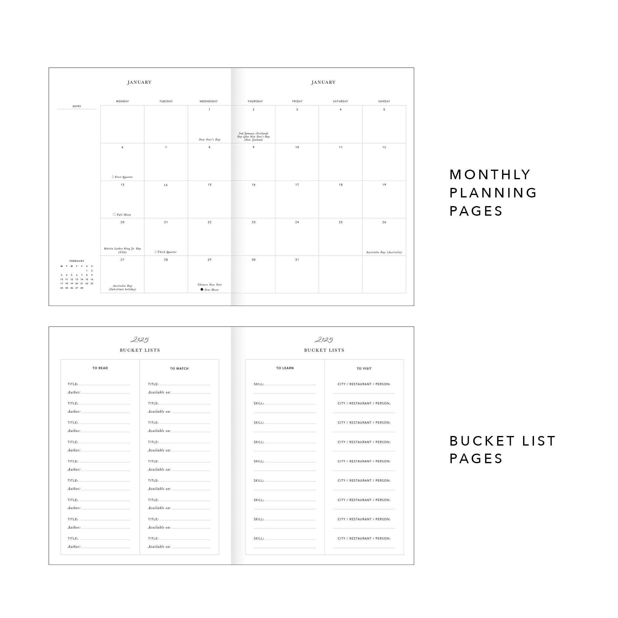 2025 Weekly Planner - Black (Cloth), luxury 2025 diary, organiser, gift for her, gilded edges, monthly, weekly planner book,