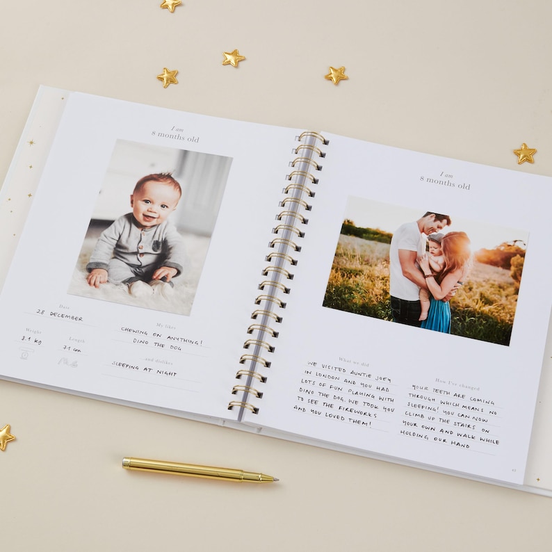 Light blue baby journal with gold foil details, designed to record memories from pregnancy to age 5. Featuring 114 pages of guided prompts and plenty of space for personalisation, this baby memory book helps capture milestones such as first words, first steps, and birthdays. Gender-neutral and inclusive, it is suitable for all families. Presented in a foiled matching box, this keepsake record book makes a beautiful baby shower present.