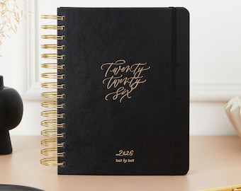 2026 Daily Planner Black – Luxury Vegan Leather Ring-Bound Diary with Gold Accents, Day-to-View Organiser, Gift for Him or Her