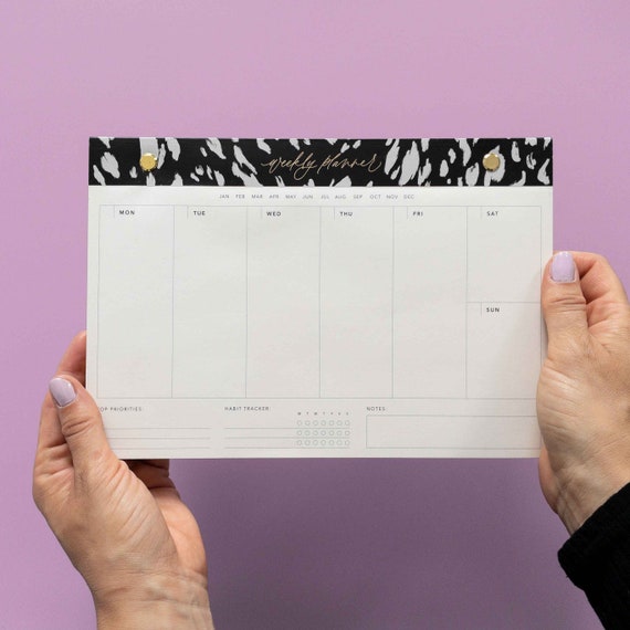 Noir Vegan Leather Weekly Planner Desk Pad, Habit Tracker, Gold Accents
