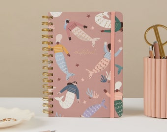 Cahier/journal de luxe - Sirènes avec spirale - prise de notes, journalisation, pages blanches lignées, cadeau pour elle, travail à domicile, cadeau de bureau