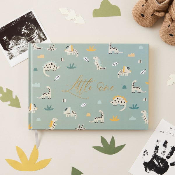 Luxury baby memory book (Little One - Dino with Gold Foil),  baby shower gift, new parents gift, grandparents, with gilded gold edges