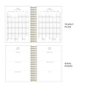 2026 black daily planner with gold details, vegan leather diary, productivity organiser for work, study, and personal goals.