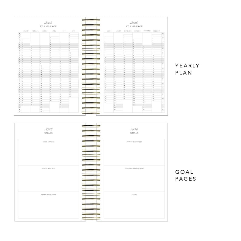 2026 black daily planner with gold details, vegan leather diary, productivity organiser for work, study, and personal goals.