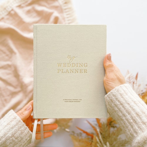 Luxury Cotton Cloth Ivory Wedding Planner Book, engagement gift for brides, checklist, organiser, wedding notebook with gilded edges
