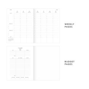 Peut inclure: Un agenda ouvert avec des pages hebdomadaires et budg&eacute;taires. Le c&ocirc;t&eacute; gauche montre une r&eacute;partition hebdomadaire avec des dates et des cr&eacute;neaux horaires. Le bas montre une page de budget avec des sections pour les revenus et les d&eacute;penses. Le c&ocirc;t&eacute; droit a des pages pointill&eacute;es.