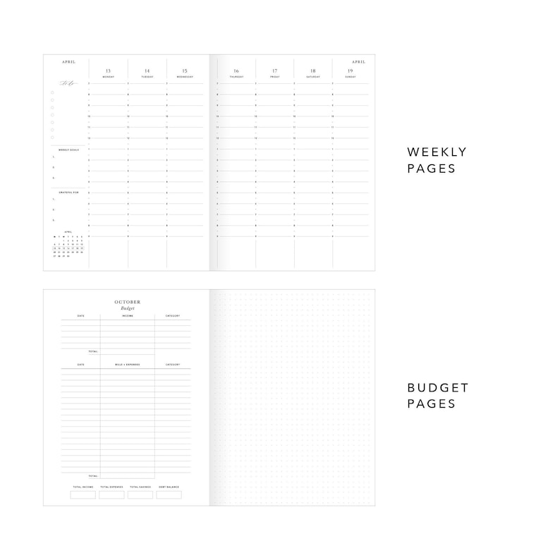 Peut inclure: Un agenda ouvert avec des pages hebdomadaires et budg&eacute;taires. Le c&ocirc;t&eacute; gauche montre une r&eacute;partition hebdomadaire avec des dates et des cr&eacute;neaux horaires. Le bas montre une page de budget avec des sections pour les revenus et les d&eacute;penses. Le c&ocirc;t&eacute; droit a des pages pointill&eacute;es.