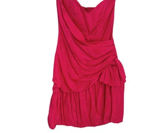 Miniabito rosa shocking senza spalline Retro Ann Green, taglia S: abito da cocktail vintage fucsia con balze
