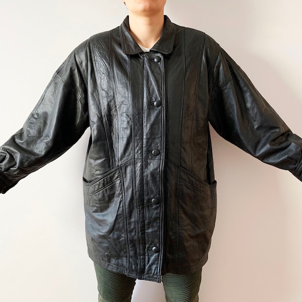 Vintage des années 90 longue veste en cuir noir pour femme longue en cuir véritable Bomber blazer manteau en cuir véritable hiver motard veste taille grande veste