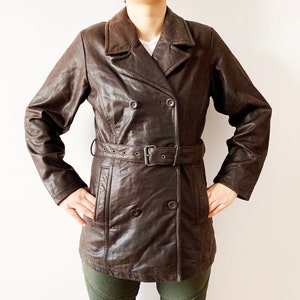 Brown Women&#39;s Leather Jacket Doublebreasted Dark Brown Short Leather Coat Genuine Leather Blazer Brown Biker Jacket With Belt Size Small