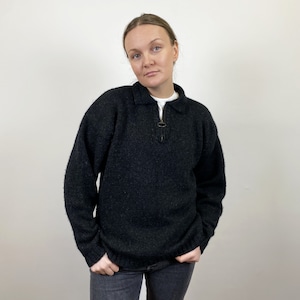 Black Pure Wool Sweater CONWELL Wool Winter Pullover Quarter Zip Closure Classics Wool Sweater Knitted Nordic Wool Sweater Size Small Jumper