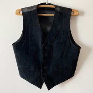 Black Suede Leather Men&#39;s Vest Black Genuine Leather Waistcoat Black Suede Biker Rocker Vest Leather Fetish Size Large Men&#39;s Leather Vest