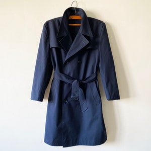 Vintage Navy Blue Trench Coat: Classic Double Breasted Overcoat, Size Large