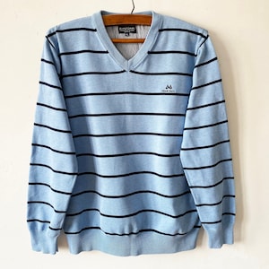 Vintage Jean Paul Striped V-Neck Sweater: Light Blue Cotton Jumper (XL/Large)