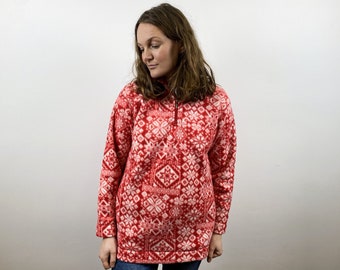 Vintage Red Catalina Fleece Pullover Distressed Snowflake Print Jumper Warm Christmas Fleece Jacket Hipster Fleece Shirt Made In USA Size M