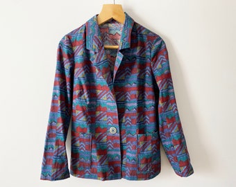 Vintage 80s Colorful Womens Shirt Jacket Abstract Novelty Print Blazer Button Up Jacket Hipster Bright Womens Cotton Blazer Size Medium