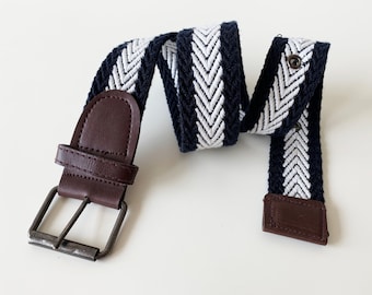 Short Blue Striped Cotton Belt Fishbone Canvas Belt With Metal Buckle Navy Blue Women's Belt Studded With Holes Blue Quilted Cotton Belt