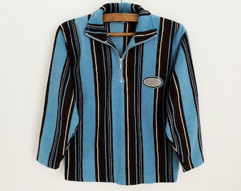 Vintage Blue Striped Fleece Pullover SPORTSWEAR Jumper Warm Fleece Zipper Jacket Quarter Zip Fleece Shirt Fishermans Lumberjack Size Small