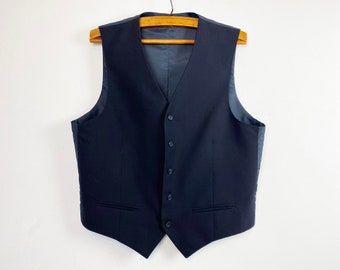 May include: A dark blue vest with a V-neck and five buttons. The vest is made of a smooth, woven fabric.