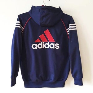 Vintage Blue Hooded Adidas Jacket Blue Adidas Runnig Jacket Unisex Jogging Parka Blue Soccer Jacket Three Stripes Size Small Adidas Jacket