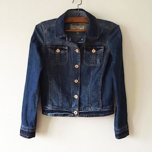 Vintage Cropped Denim Jacket: Dark Blue Distressed Jean Jacket, Size Small