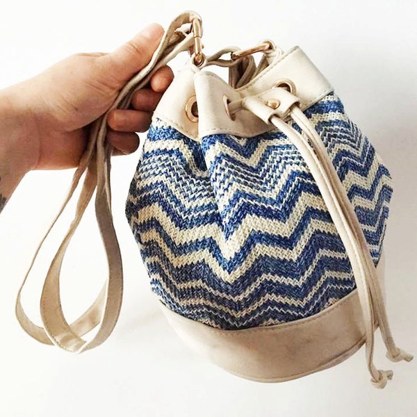 Light Blue Straw Bucket Bag Woven Beige Drawstring Rucksack Beige Bucket Bag Blue Bucket Bag Faux Leather Basket Bag Festival Hipster Bag