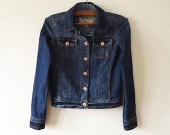 Vintage Cropped Denim Jacket: Dark Blue Distressed Jean Jacket, Size Small